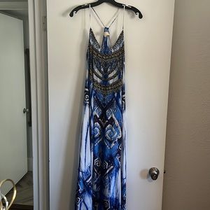 True Colours by La Moda Clothing blue and sparkly patterned flowy maxi dress